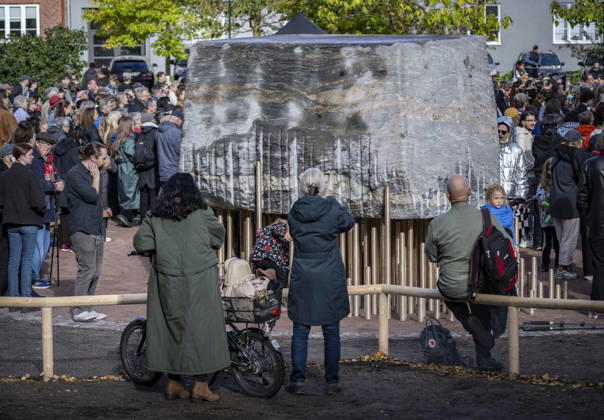 MALMÖ, October 11, 2026—168 bronze rods lift the nearly 30-metric-ton stone block. The Master Narratives monument was unveiled on Sunday in Jesusparken in Malmö. Malmö’s anti-racism monument, titled Master Narratives, was created by artistsartists Susanna Marcus Jablonski and Santiago Mostyn. MALMÖ, SWEDEN x50090x  Copyright: xJohanxNilssonx xTTx INVIGNING MASTER NARRATIVES - MALMÖS ANTIRASISTISKA MONUMENT 1LiLkjN94i0