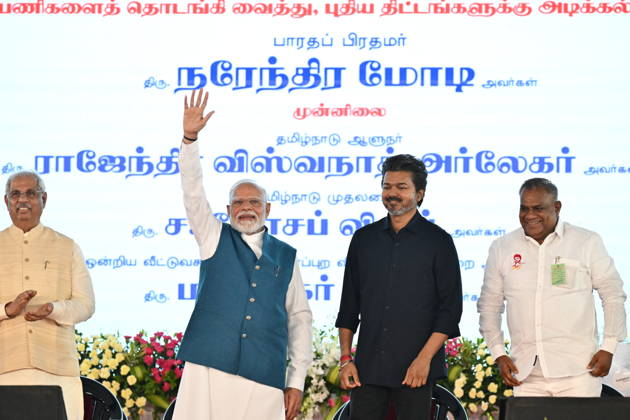 Indian Politics CHENNAI METRO PHASE-II INAUGURATION & JOINT RIDE CHENNAI, TAMIL NADU: Prime Minister Narendra Modi alongside Tamil Nadu Chief Minister C. Joseph Vijay waves to the gathering during the flagging-off ceremony of the Phase II network of the Chennai Metro Rail Project at the Porur Bypass Metro Rail Station on Sunday, October 11, 2026. PM Modi and CM Vijay subsequently undertook a joint metro ride from Porur Bypass Station to Poonamallee Bypass Station and back, marking the official opening of the â‚¹4,900-crore, 14.6-km Poonamallee Vadapalani elevated stretch. The high-profile event marked the first joint public appearance of the two leaders following Vijay s recent victory in the Tamil Nadu Assembly elections. Chennai INDIA Copyright: xSeshadrixSukumarx