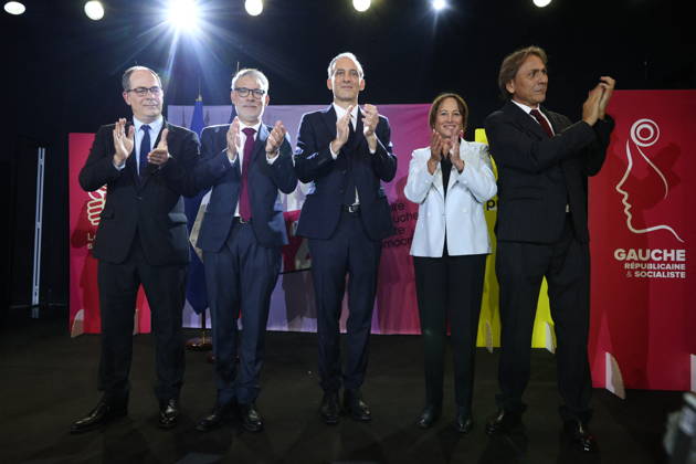 Announcement of the result for the first round of Socialist and Democratic Left primary - Paris Candidates in the Socialist (PS) and centre-left Place Publique (PP) parties primary Emmanuel Maurel, Olivier Faure, Raphael Glucksmann, Segolene Royal and Jerome Guedj pictuerd after the announcement of the result for the first round of voting in the primary organized by the Socialist Party, Place Publique (PP), and the Republican and Socialist Left, ahead of France s 2027 presidential election, at Solaris in Paris, France on October 11, 2026. Candidate in the Socialist (PS) and centre-left Place Publique (PP) parties primary ahead of France s 2027 presidential election and MEP Raphaël Glucksmann was elected on October 11 2026. Photo by Raphael  Copyright: xLafarguexRaphael ABACAx