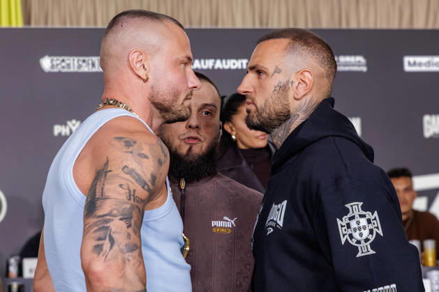 11.10.2026. Essen. (l-r) Eric Sindermann und Diogo Sangre bei der Pressekonferenz zum Fame Fighting 4 Promiboxen. Essen Atlantic Hotel Nordrhein-Westfalen Deutschland