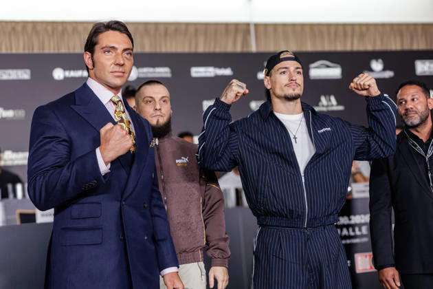 11.10.2026. Essen. (l-r) Fabio Knez und Max Bornmann bei der Pressekonferenz zum Fame Fighting 4 Promiboxen. Essen Atlantic Hotel Nordrhein-Westfalen Deutschland