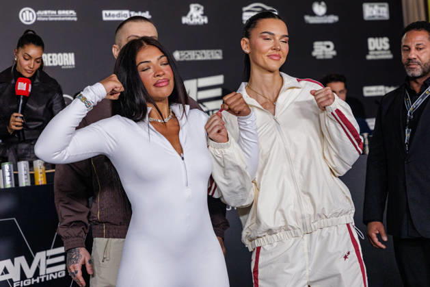 11.10.2026. Essen. (l-r) Hati Suarez und Nelly Noire bei der Pressekonferenz zum Fame Fighting 4 Promiboxen. Essen Atlantic Hotel Nordrhein-Westfalen Deutschland