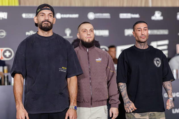 11.10.2026. Essen. (l-r) Ediz Tasci, Eugen Lopez und Bobby Chambers bei der Pressekonferenz zum Fame Fighting 4 Promiboxen. Essen Atlantic Hotel Nordrhein-Westfalen Deutschland