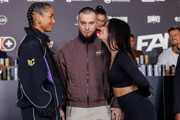11.10.2026. Essen. (l-r) Brenda Brinkmann und Gabriela Alves bei der Pressekonferenz zum Fame Fighting 4 Promiboxen. Essen Atlantic Hotel Nordrhein-Westfalen Deutschland