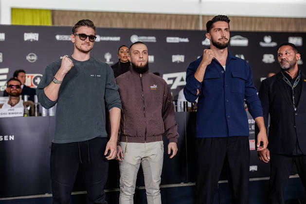 11.10.2026. Essen. (l-r) Tommy Pedroni, Eugen Lopez und Lorik Bunjaku bei der Pressekonferenz zum Fame Fighting 4 Promiboxen. Essen Atlantic Hotel Nordrhein-Westfalen Deutschland