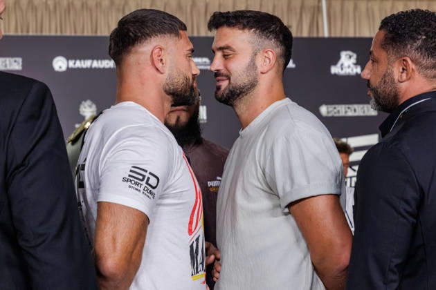 11.10.2026. Essen. (l-r) Aleks Petrovic und Yasin Cilingir bei der Pressekonferenz zum Fame Fighting 4 Promiboxen. Essen Atlantic Hotel Nordrhein-Westfalen Deutschland