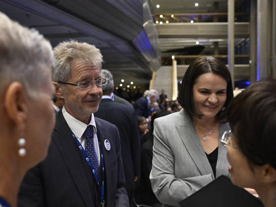 From left: Senate President Milos Vystrcil (ODS) and Belarusian opposition leader Sviatlana Tsikhanouskaya at the opening of the 30th annual Forum 2000 conference in Prague, on October 11, 2026. (CTKxPhoto MichalxKrumphanzl) CTKPhotoP2026101106786  CTKPhotoP2026101106786