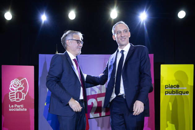 Raphael Glucksmann wins the Socialist and Democratic Left primary - Paris Candidate in the Socialist (PS) and centre-left Place Publique (PP) parties primary Raphael Glucksmann, French deputy and general secretary of the french socialist party Olivier Faure on stage after the announcement of the result for the first round of voting in the primary organized by the Socialist Party, Place Publique (PP), and the Republican and Socialist Left, ahead of France s 2027 presidential election, in Paris on October 11, 2026. Candidate in the Socialist (PS) and centre-left Place Publique (PP) parties primary ahead of France s 2027 presidential election and MEP Raphaël Glucksmann was elected on October 11, 2026. Photo by Raphael Lafargue ABACAPRESS.COM P  Copyright: xLafarguexRaphael ABACAx
