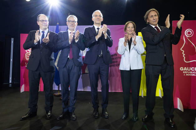 Raphael Glucksmann wins the Socialist and Democratic Left primary - Paris Candidates in the Socialist (PS) and centre-left Place Publique (PP) parties primary Emmanuel Maurel, Olivier Faure, Raphael Glucksmann, Segolene Royal and Jerome Guedj on stage after the announcement of the result for the first round of voting in the primary organized by the Socialist Party, Place Publique (PP), and the Republican and Socialist Left, ahead of France s 2027 presidential election, in Paris on October 11, 2026. Candidate in the Socialist (PS) and centre-left Place Publique (PP) parties primary ahead of France s 2027 presidential election and MEP Raphaël Glucksmann was elected on October 11, 2026. Photo by Raphael Lafargue ABACAPRESS.COM Paris France  Copyright: xLafarguexRaphael ABACAx