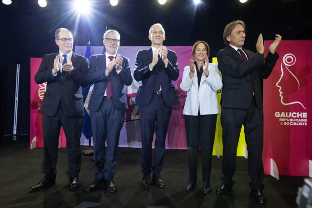 Raphael Glucksmann wins the Socialist and Democratic Left primary - Paris Candidates in the Socialist (PS) and centre-left Place Publique (PP) parties primary Emmanuel Maurel, Olivier Faure, Raphael Glucksmann, Segolene Royal and Jerome Guedj on stage after the announcement of the result for the first round of voting in the primary organized by the Socialist Party, Place Publique (PP), and the Republican and Socialist Left, ahead of France s 2027 presidential election, in Paris on October 11, 2026. Candidate in the Socialist (PS) and centre-left Place Publique (PP) parties primary ahead of France s 2027 presidential election and MEP Raphaël Glucksmann was elected on October 11, 2026. Photo by Raphael Lafargue ABACAPRESS.COM Paris France  Copyright: xLafarguexRaphael ABACAx