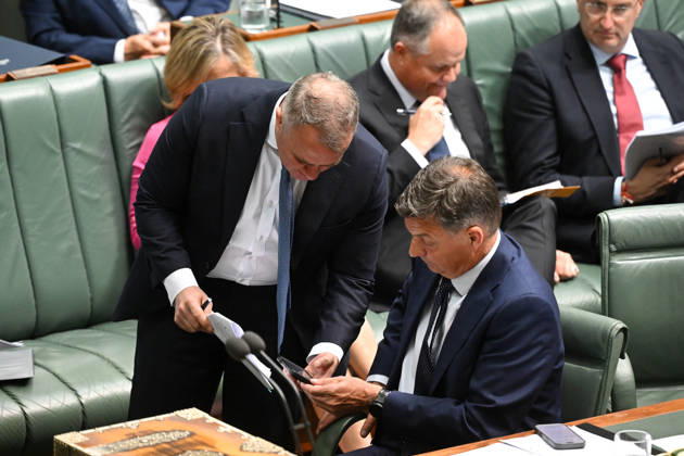 QUESTION TIME, Australian Opposition Leader Angus Taylor speaks to shadow Treasurer Tim Wilson during Question Time in the House of Representatives at Parliament House in Canberra, Monday, October 12, 2026. ( NO ARCHIVING CANBERRA AUSTRALIAN CAPITAL TERRITORY Australia  Copyright: xLUKASxCOCHx 20261012158419497300