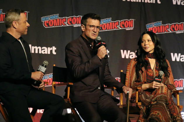 NEW YORK, NY- OCTOBER 11: Alexi Hawley, Nathan Fillion and Melissa O™Neil pictured at The Rookie panel during New York Comic Con 2026 at Javits Center on October 11, 2026 in New York City. Copyright: xRWx