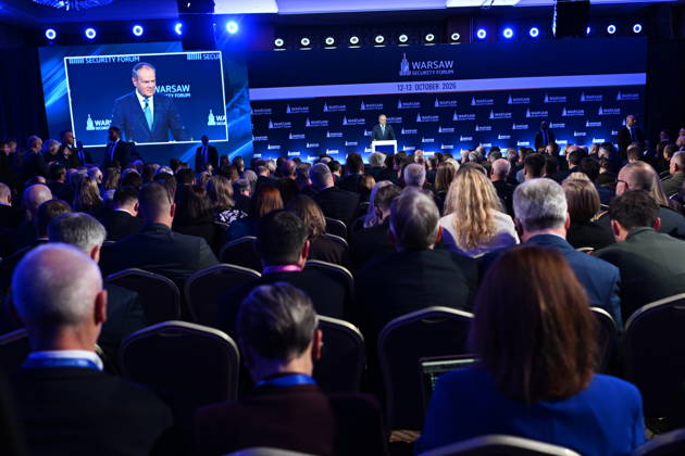 Warsaw Security Forum 2026 kicks off in Poland WARSAW, POLAND - OCTOBER 12: A general view of the hall as Prime Minister of Poland Donald Tusk delivers his opening address to delegates during the first day of the Warsaw Security Forum 2026 (WSF2026) on the Warsaw Stage in Warsaw, Poland, on October 12, 2026. The high-level international defense conference gathers regional leaders, NATO officials, and military commanders to discuss transatlantic cooperation and European defense infrastructure. Artur Widak Anadolu Warsaw Poland. Editorial use only. Please get in touch for any other usage.  Copyright: x2026xAnadoluxArturxWidakx