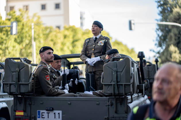 October 12 Parade for Hispanic Heritage Day: Military personnel during the solemn ceremony honoring the national flag and the military parade for October 12, Hispanic Heritage Day, at Plaza de Cánovas del Castillo, on October 12, 2026, in Madrid, Spain. The ceremonies begin with the raising of the flag and are followed by a tribute to those who gave their lives for the country. Subsequently, the military air and ground parades begin. Approximately 4,400 members of the Armed Forces, the security forces, and various civilian public institutions are participating this year in the parade presided over by the King and Queen. The aerial parade featured 50 fighter, training, and transport aircraft, as well as around 30 helicopters. On the ground, Copyright: xGabrielxLuengasx 7840490