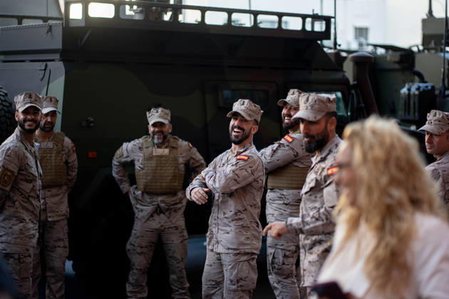 October 12 Parade for Hispanic Heritage Day: Military personnel during the solemn ceremony honoring the national flag and the military parade for October 12, Hispanic Heritage Day, at Plaza de Cánovas del Castillo, on October 12, 2026, in Madrid, Spain. The ceremonies begin with the raising of the flag and are followed by a tribute to those who gave their lives for the country. Subsequently, the military air and ground parades begin. Approximately 4,400 members of the Armed Forces, the security forces, and various civilian public institutions are participating this year in the parade presided over by the King and Queen. The aerial parade featured 50 fighter, training, and transport aircraft, as well as around 30 helicopters. On the ground, Copyright: xGabrielxLuengasx 7840491