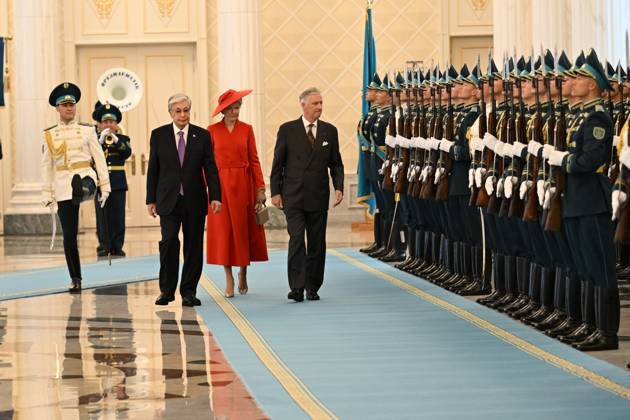 Kazakhstan s President Kassym-Jomart Tokayev; Queen Mathilde of Belgium and King Philippe - Filip of Belgium pictured at the welcome ceremony at the presidential palace during the official state visit of the Belgian King and Queen to Kazakhstan, on Monday 12 October 2026. The first State Visit of Belgium s royal couple in central Asia from 11 to 14 October 2026, aims to highlight bilateral cooperation in the economic, academic, and cultural fields.  POOLxDIDIERxLEBRUN 189535881