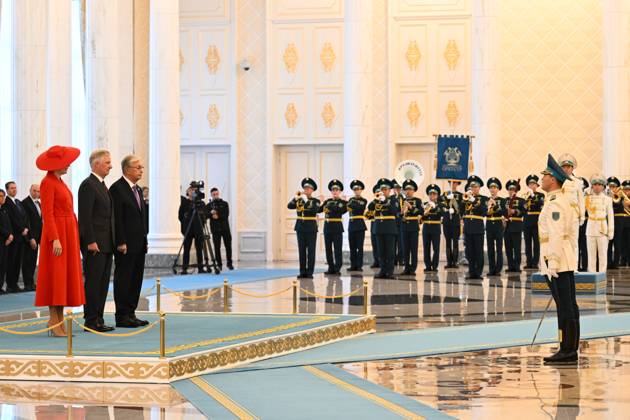Queen Mathilde of Belgium; King Philippe - Filip of Belgium and Kazakhstan s President Kassym-Jomart Tokayev pictured at the welcome ceremony at the presidential palace during the official state visit of the Belgian King and Queen to Kazakhstan, on Monday 12 October 2026. The first State Visit of Belgium s royal couple in central Asia from 11 to 14 October 2026, aims to highlight bilateral cooperation in the economic, academic, and cultural fields.  POOLxDIDIERxLEBRUN 189535856