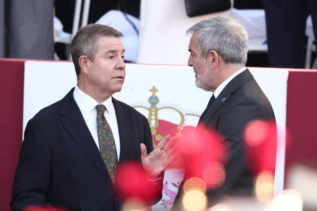 October 12 Parade for Hispanic Heritage Day The president of Castilla-La Mancha, Emiliano García Page, and the President of the Government of Aragon, Jorge Azcón, during the solemn ceremony honoring the national flag and the military parade for October 12, Hispanic Heritage Day, in the Plaza de Cánovas del Castillo, on October 12, 2026, in Madrid, Spain. The events begin with the flag-raising ceremony and are followed by a tribute to those who gave their lives for the country. Subsequently, the military air and ground parades begin. Approximately 4,400 members of the Armed Forces, the security forces, and various civilian public institutions are participating this year in the parade presided over by the King and Queen. The aerial parade fe Copyright: xEduardoxParrax 7840547