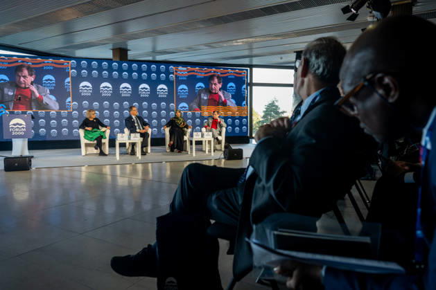 From left: Croatian sociologist and politician Vesna Pusic, American sociologist Larry Diamond, Yemeni journalist, politician, and human rights activist Tawakkol Karman and former diplomat Michael Zantovsky attend the 30th annual Forum 2000 conference in Prague, on October 12, 2026. (CTKxPhoto OndrejxDeml) CTKPhotoP2026101202541  CTKPhotoP2026101202541