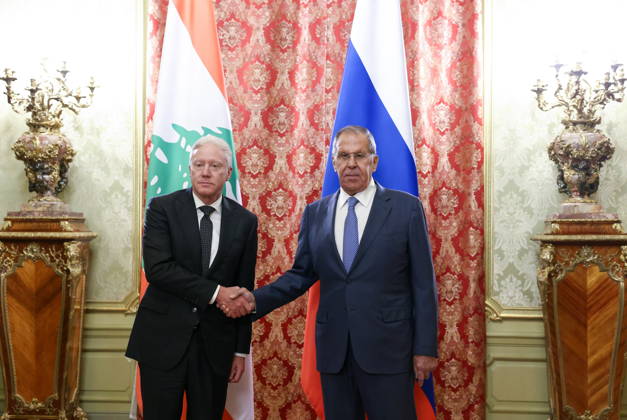 RUSSIA, MOSCOW - OCTOBER 12, 2026: Youssef Rajji (L), Lebanon s Minister of Foreign Affairs and Emigrants, and Sergei Lavrov, Russia s Foreign Minister, shake hands during a meeting at the Reception House of the Foreign Ministry. Artyom Geodakyan TASS  99172169