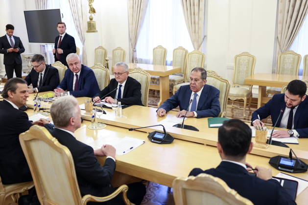 RUSSIA, MOSCOW - OCTOBER 12, 2026: Sergei Lavrov (2nd R back), Russia s Foreign Minister, attends a meeting with Youssef Rajji, Lebanon s Minister of Foreign Affairs and Emigrants, at the Reception House of the Foreign Ministry. Artyom Geodakyan TASS  99172871