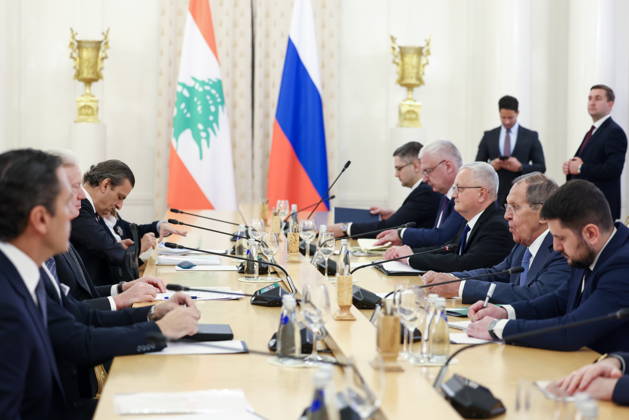 RUSSIA, MOSCOW - OCTOBER 12, 2026: Youssef Rajji (2nd L), Lebanon s Minister of Foreign Affairs and Emigrants, and Sergei Lavrov (2nd R), Russia s Foreign Minister, hold a meeting at the Reception House of the Foreign Ministry. Artyom Geodakyan TASS  99172880