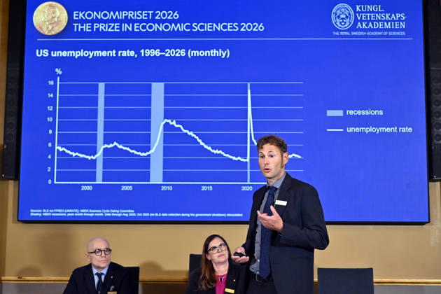 STOCKHOLM, SWEDEN, October 12, 2026 Timo Boppart, member of the Committee for the Prize in Economic Sciences in Memory of Alfred Nobel, presents this y  Copyright: xAndersxWiklund TTx EKONOMIPRISET NOBEL cUZRzD5k8TY