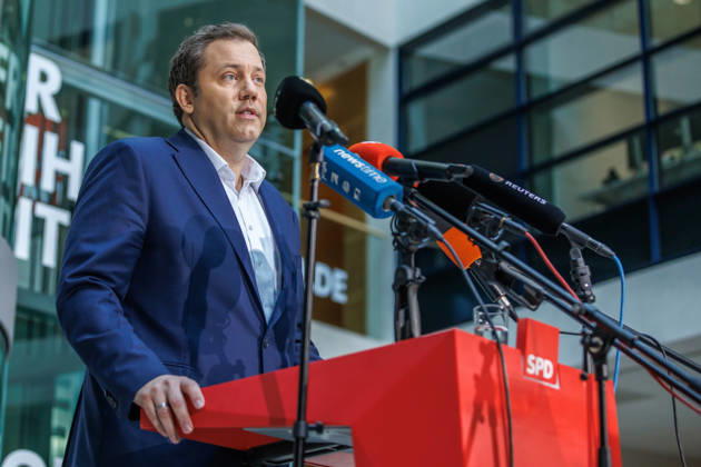 Pressestatement mit dem Parteivorsitzenden der SPD Lars Klingbeil Pressestatement mit dem Parteivorsitzenden der SPD Lars Klingbeil am 12.10.2026 in Berlin. Berlin Berlin Deutschland SPD-Parteizentrale (Willy-Brandt-Haus)