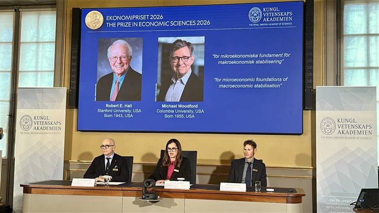 US economists Hall and Woodford win 2026 Nobel Prize for Economics STOCKHOLM, SWEDEN - OCTOBER 12: Officials announce the winners of the 2026 Nobel Prize in Economic Sciences during a press conference at the Royal Swedish Academy of Sciences in Stockholm, Sweden, on October 12, 2026. US economists Robert E. Hall and Michael Woodford are awarded the prize for their work on the microeconomic foundations of macroeconomic stabilisation . Atila Altuntas Anadolu Stockholm Sweden. Editorial use only. Please get in touch for any other usage.  Copyright: x2026xAnadoluxAtilaxAltuntasx
