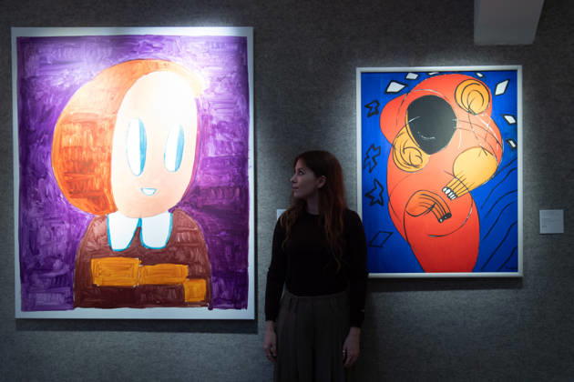 Bonhams 20th 21st Century Art Day Evening Sales Highlights Photocall - Bonhams, London, UK - 12 October, 2026 A staff member views (L) - Untitled by Andre Butzer (est. £45k - £65k) and (R) - Keep on Singing III by Everlyn Nicodemus (est. £7k - £10k) as part of Bonhams 20th 21st Century Art Day Evening Sales which is to go on auction from 15th - 16th October 2026 at Bonhams in London, England, UK on Monday 12 October, 2026., Credit:Justin Ng Avalon UK, England, London, Bonhams Copyright: xJustinxNgx xAvalonx 1142586622