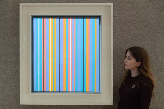 Bonhams 20th 21st Century Art Day Evening Sales Highlights Photocall - Bonhams, London, UK - 12 October, 2026 A staff member views Ka 4 by Bridget Riley (est. £550k - £750k) as part of Bonhams 20th 21st Century Art Day Evening Sales which is to go on auction from 15th - 16th October 2026 at Bonhams in London, England, UK on Monday 12 October, 2026., Credit:Justin Ng Avalon UK, England, London, Bonhams Copyright: xJustinxNgx xAvalonx 1142586631