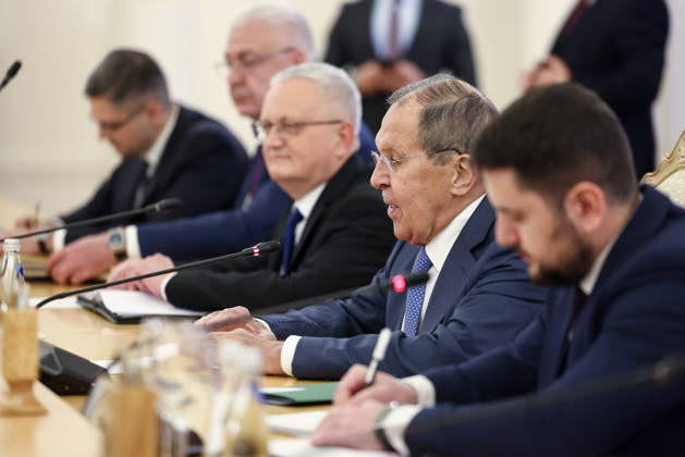 RUSSIA, MOSCOW - OCTOBER 12, 2026: Sergei Lavrov, Russia s Foreign Minister, attends a meeting with Youssef Rajji, Lebanon s Minister of Foreign Affairs and Emigrants, at the Reception House of the Foreign Ministry. Artyom Geodakyan TASS  99174297