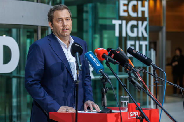 Pressestatement mit dem Parteivorsitzenden der SPD Lars Klingbeil Pressestatement mit dem Parteivorsitzenden der SPD Lars Klingbeil am 12.10.2026 in Berlin. Berlin Berlin Deutschland SPD-Parteizentrale (Willy-Brandt-Haus)