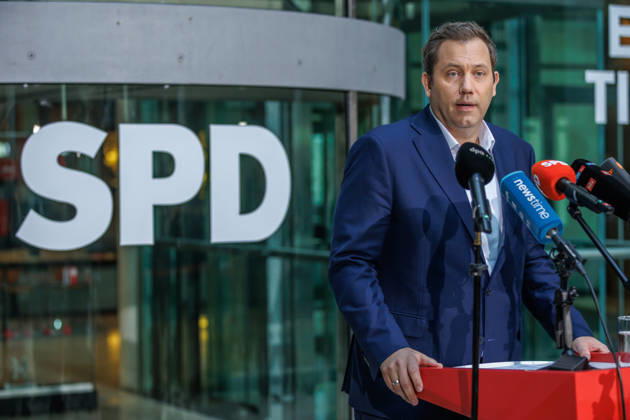Pressestatement mit dem Parteivorsitzenden der SPD Lars Klingbeil Pressestatement mit dem Parteivorsitzenden der SPD Lars Klingbeil am 12.10.2026 in Berlin. Berlin Berlin Deutschland SPD-Parteizentrale (Willy-Brandt-Haus)