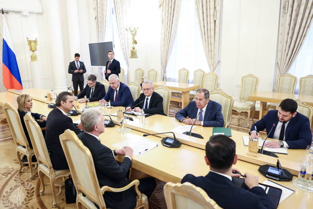 RUSSIA, MOSCOW - OCTOBER 12, 2026: Sergei Lavrov (2nd R back), Russia s Foreign Minister, attends a meeting with Youssef Rajji, Lebanon s Minister of Foreign Affairs and Emigrants, at the Reception House of the Foreign Ministry. Artyom Geodakyan TASS  99172830