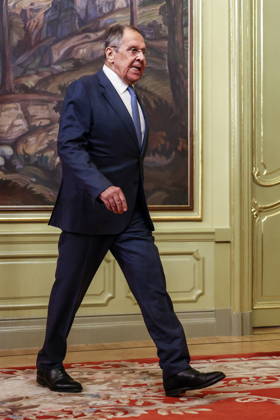RUSSIA, MOSCOW - OCTOBER 12, 2026: Sergei Lavrov, Russia s Foreign Minister, arrives for a press conference following a meeting with Youssef Rajji, Lebanon s Minister of Foreign Affairs and Emigrants, at the Reception House of the Foreign Ministry. Artyom Geodakyan TASS  99176105
