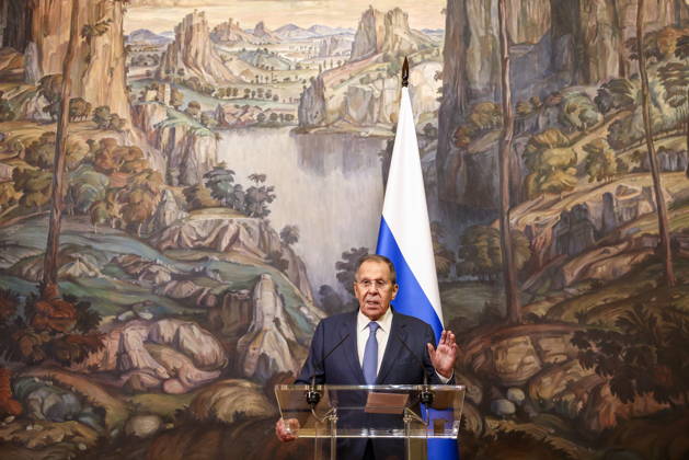 RUSSIA, MOSCOW - OCTOBER 12, 2026: Sergei Lavrov, Russia s Foreign Minister, gives a press conference following a meeting with Youssef Rajji, Lebanon s Minister of Foreign Affairs and Emigrants, at the Reception House of the Foreign Ministry. Artyom Geodakyan TASS  99176118