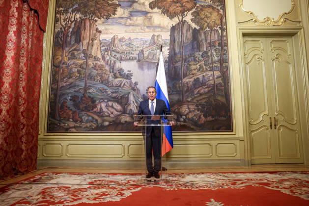 RUSSIA, MOSCOW - OCTOBER 12, 2026: Sergei Lavrov, Russia s Foreign Minister, gives a press conference following a meeting with Youssef Rajji, Lebanon s Minister of Foreign Affairs and Emigrants, at the Reception House of the Foreign Ministry Moscow Russia - ZUMAt113 20261012_zaa_t113_172 Copyright: xArtyomxGeodakyanx