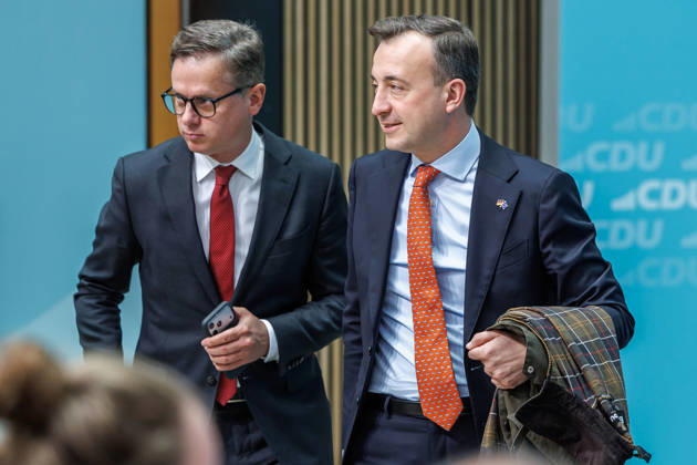 Pressekonferenz mit dem Vorsitzenden der CDU Deutschlands, Bundeskanzler Friedrich Merz und der Generalsekretärin der CDU Deutschlands Franziska Hoppermann Carsten Linnemann, Bundesminister für Gesundheit der Bundesrepublik Deutschland und Paul Ziemiak am 12.10.2026 im Konrad-Adenauer-Haus in Berlin. Berlin Berlin Deutschland CDU-Bundesgeschäftsstelle (Konrad-Adenauer-Haus)