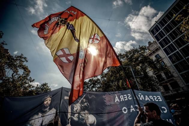 October 12, 2026, Barcelona, Catalonia, Spain: Demonstrators during a rally marking SpainÃ¢â‚¬â ¢s National Day. Barcelona Spain - ZUMAo105 20261012_fap_o105_004 Copyright: xMatthiasxOesterlex