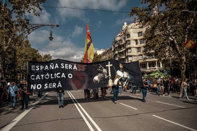 October 12, 2026, Barcelona, Catalonia, Spain: Demonstrators march behind a banner reading Spain will be Catholic, or it will not be. during a rally marking SpainÃ¢â‚¬â ¢s National Day. Barcelona Spain - ZUMAo105 20261012_fap_o105_010 Copyright: xMatthiasxOesterlex