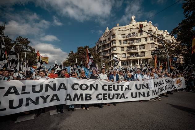 October 12, 2026, Barcelona, Catalonia, Spain: Demonstrators march behind a banner reading Catalonia with Ceuta. One Spain during a rally marking SpainÃ¢â‚¬â ¢s National Day. Barcelona Spain - ZUMAo105 20261012_fap_o105_031 Copyright: xMatthiasxOesterlex