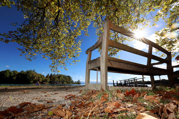 Ein Herbsttag in Feldafing, Feldafinger Park (Landkreis Starnberg). Hier der Blick auf den Starnberger See mit der Roseninsel, im Vordergrund eine Parkbank, Sitzbank, die Sonne, Sonnenstrahlen blinzeln durch die Blätter, gefärbte Bäume, Laubfärbung, Laubbaum, herbstlich, Farbenspiel, Herbstlaub, Herbstfärbung, Blattfärbung, rot, gelb, rotes Laub, gelbes Laub, Naturschauspiel ,Herbstbild, Herbstimpression, Wetterbild, goldener Oktober