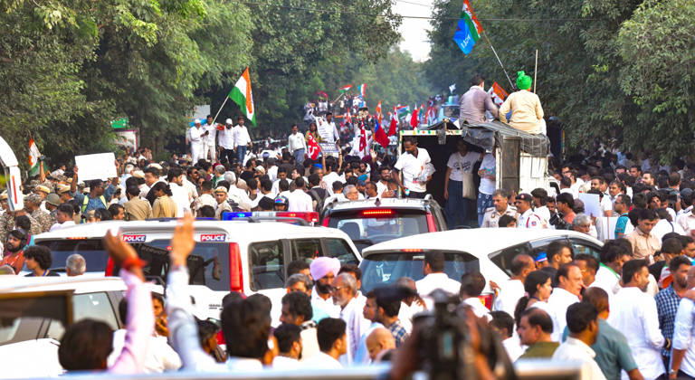 INDIA Bloc leaders protest over the SIR row New Delhi, Oct 12 (ANI): Supporters gather in large numbers during the INDIA bloc s protest march towards the Supreme Court, in New Delhi on Monday. NEW DELHI Delhi India Copyright: xANIx ANI_20261012399