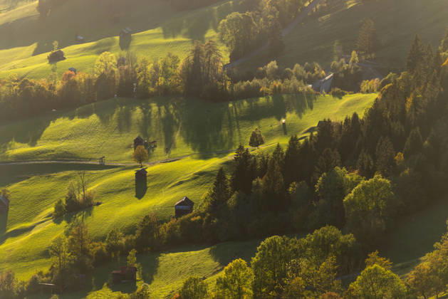 Herbstabend im Allgäu Die Abendsonne scheint auf die Herbstlandschaft., Bad Hindelang Bayern Deutschland