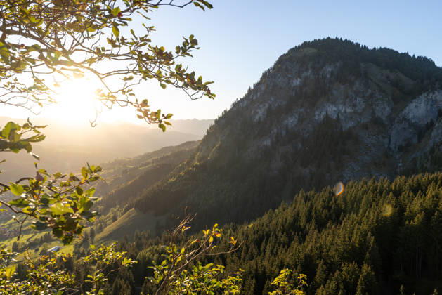 Herbstabend im Allgäu Blick in die Abendsonne in den bayerischen Alpen bei Oberjoch., Bad Hindelang Bayern Deutschland