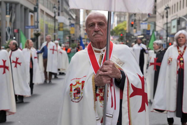 October 12, 2026, New York, New York, USA: Members of the modern Order of the Knights Templar marching in the 82nd annual Columbus Day Parade as it.made its way up Fifth Avenue bringing the excitement and spirit of Italian.American heritage to NYC. Floats, marching bands, italian music.and thousands of spectators celebrated the history, culture and.contributions of Italian Americans. New York USA  - ZUMAh156 20261012_znp_h156_009 Copyright: xMiloxHessx