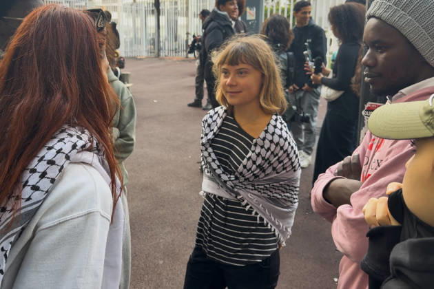 Greta Thunberg During Student Protest - Saint-Denis Videograbs - Swedish activist Greta Thunberg looks on as she arrives to take part in a blockade at the Lycee Paul Eluard in Saint-Denis, on the outskirts of Paris on October 13, 2026, as part of a nationwide student mobilisation. France sees nationwide demonstrations on October 13 in support of students protesting poor classroom conditions for weeks, as authorities and participants remain wary of further violence. Photo by CLPRESS ABACAPRESS.COM Paris France  Copyright: xCLPRESS ABACAx