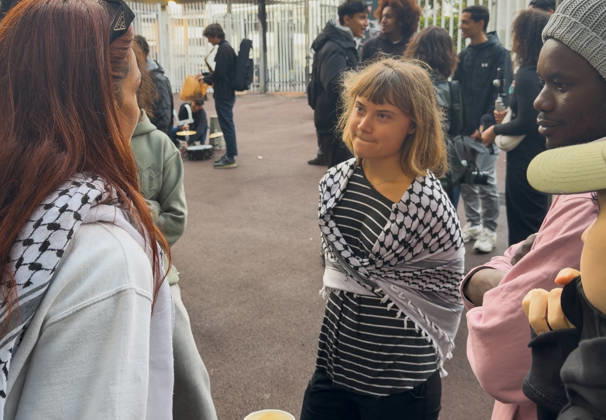 Greta Thunberg During Student Protest - Saint-Denis Videograbs - Swedish activist Greta Thunberg looks on as she arrives to take part in a blockade at the Lycee Paul Eluard in Saint-Denis, on the outskirts of Paris on October 13, 2026, as part of a nationwide student mobilisation. France sees nationwide demonstrations on October 13 in support of students protesting poor classroom conditions for weeks, as authorities and participants remain wary of further violence. Photo by CLPRESS ABACAPRESS.COM Paris France  Copyright: xCLPRESS ABACAx
