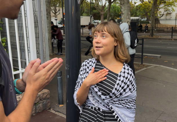 Greta Thunberg During Student Protest - Saint-Denis Videograbs - Swedish activist Greta Thunberg looks on as she arrives to take part in a blockade at the Lycee Paul Eluard in Saint-Denis, on the outskirts of Paris on October 13, 2026, as part of a nationwide student mobilisation. France sees nationwide demonstrations on October 13 in support of students protesting poor classroom conditions for weeks, as authorities and participants remain wary of further violence. Photo by CLPRESS ABACAPRESS.COM Paris France  Copyright: xCLPRESS ABACAx